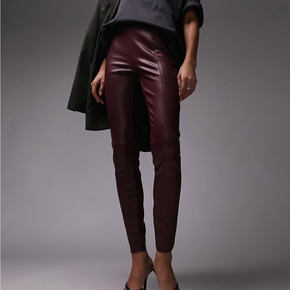 Topshop Faux Leather Burgundy Skinny Pants